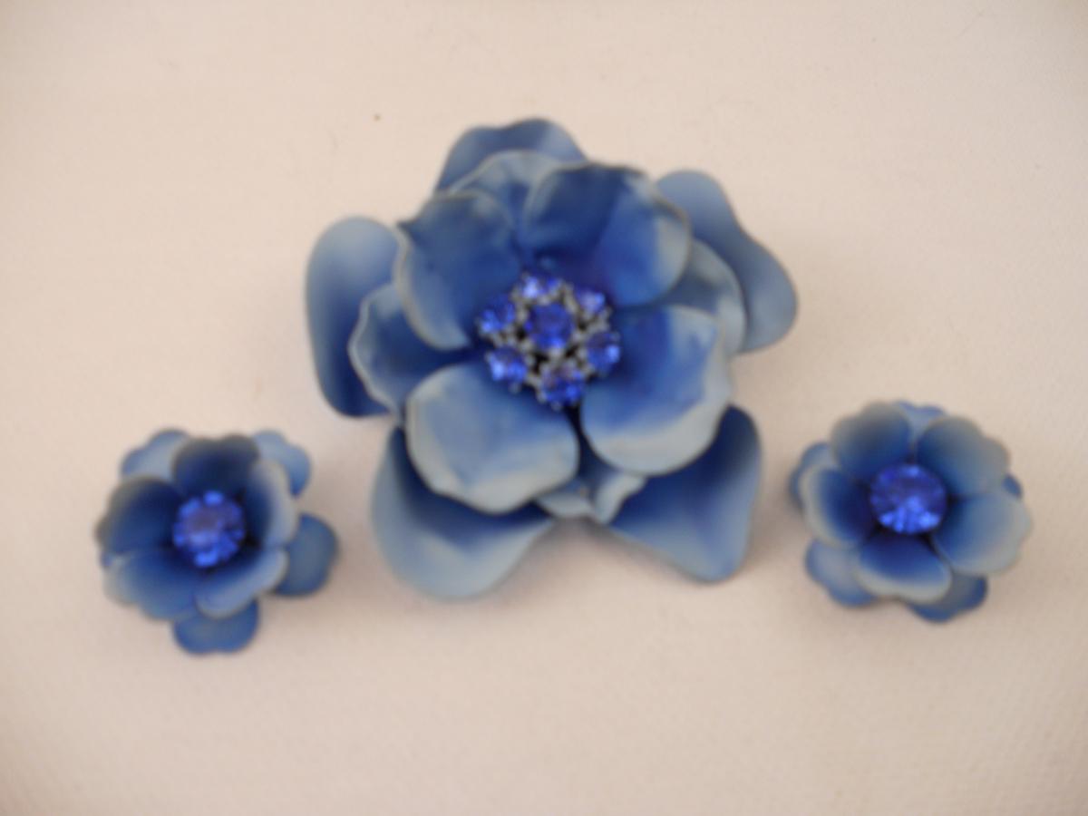 Blue Enamel Flower Rhinestone Brooch and Earring Set