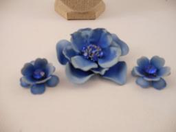 Blue Enamel Flower Rhinestone Brooch and Earring Set