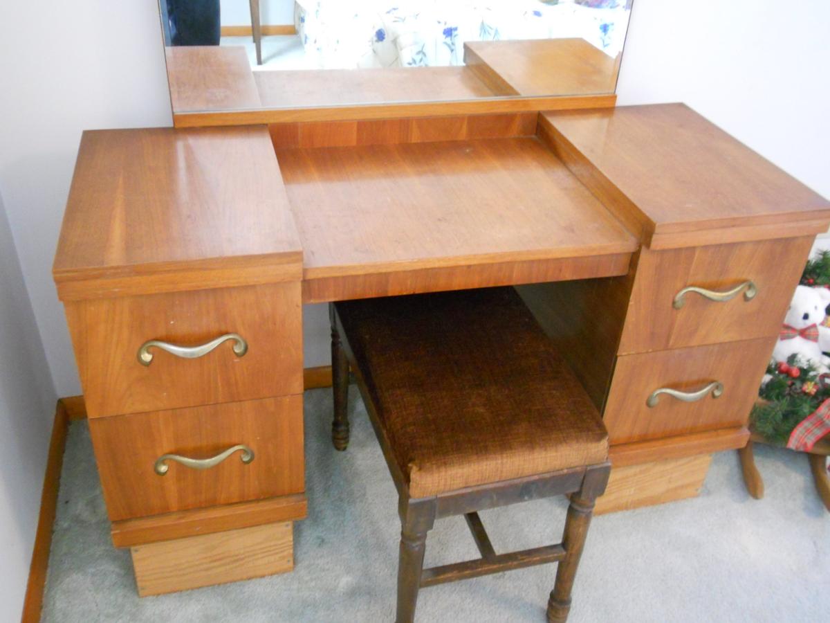 Vintage Wood Vanity with Bench and Mirror