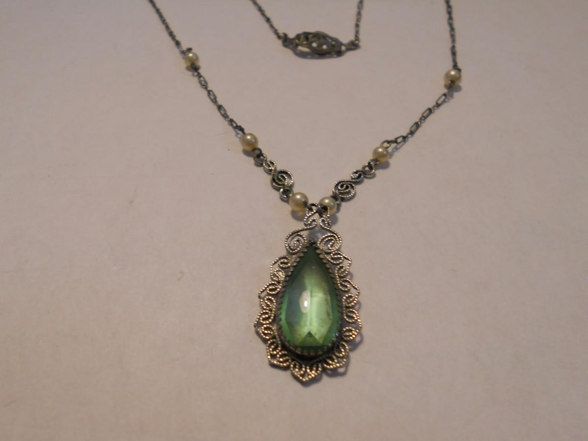 Vintage Art Deco Green Stone Sterling Necklace