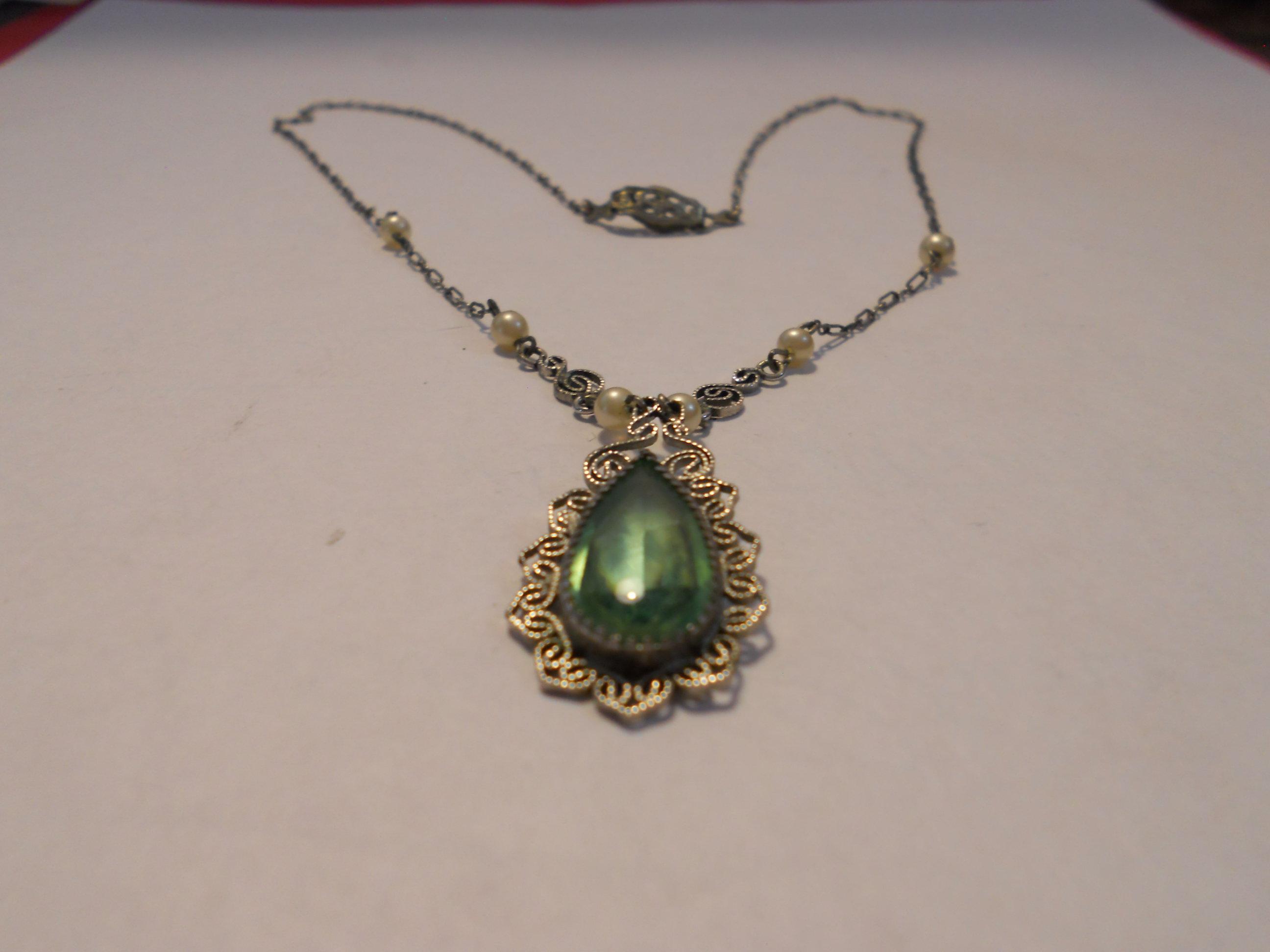 Vintage Art Deco Green Stone Sterling Necklace