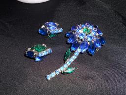 Vintage Rhinestone Flower Brooch and Earring Set