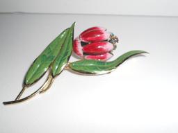 Vintage Enamel and Rhinestone Flower Brooch