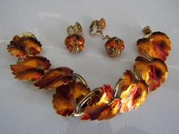 Vintage Fall Leaf Enamel and Rhinestone Bracelet Set