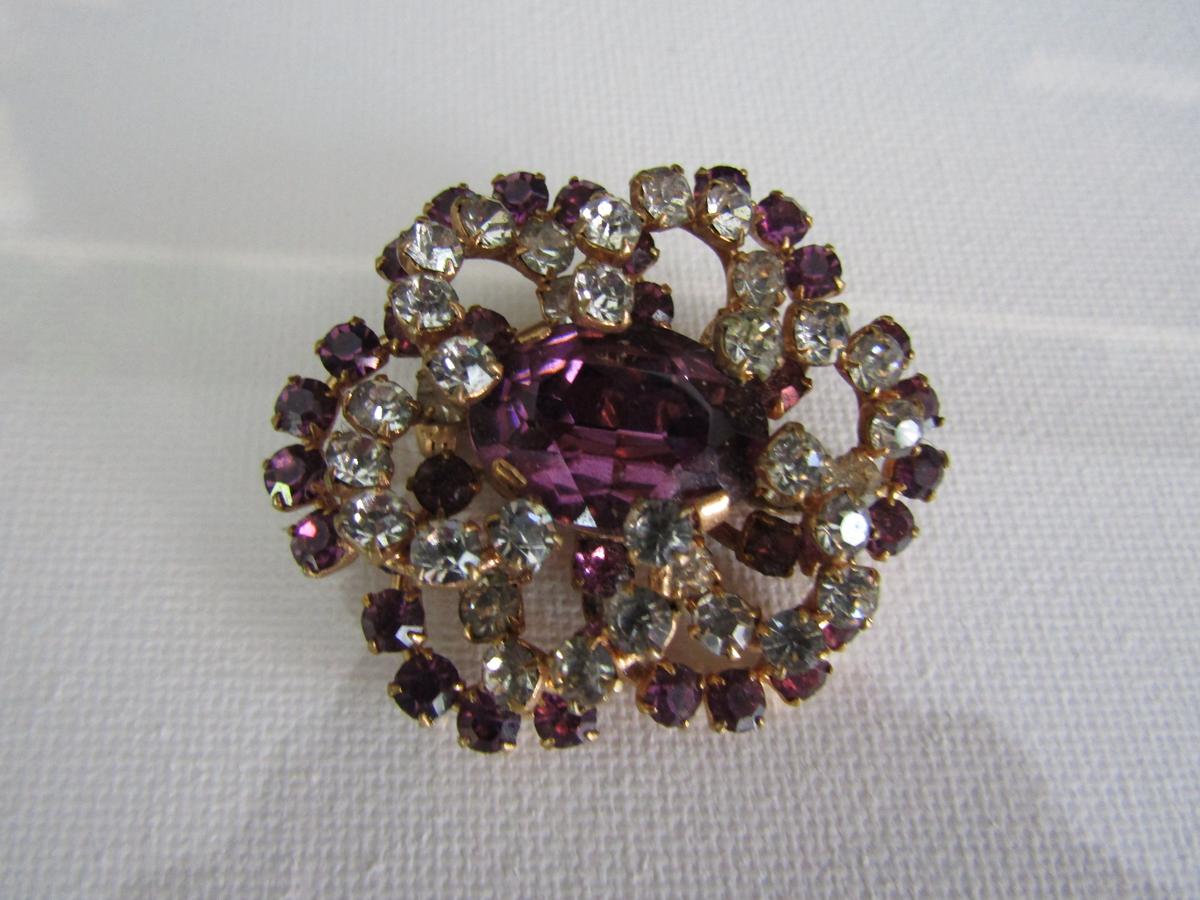 Vintage Layered Flower Amethyst Glass Brooch