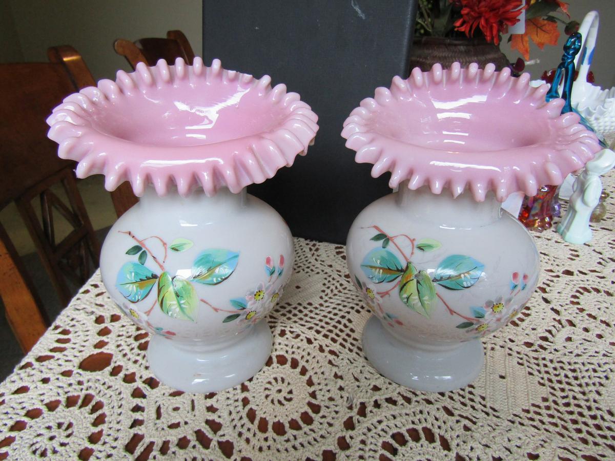 Lot of 2 Victorian Hand Blown Flower Design Vases