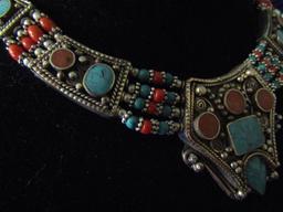 Tibetan Turqoise and Red Coral Silver Necklace