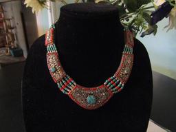 Tibetan Red Coral and Turqoise Silver Necklace