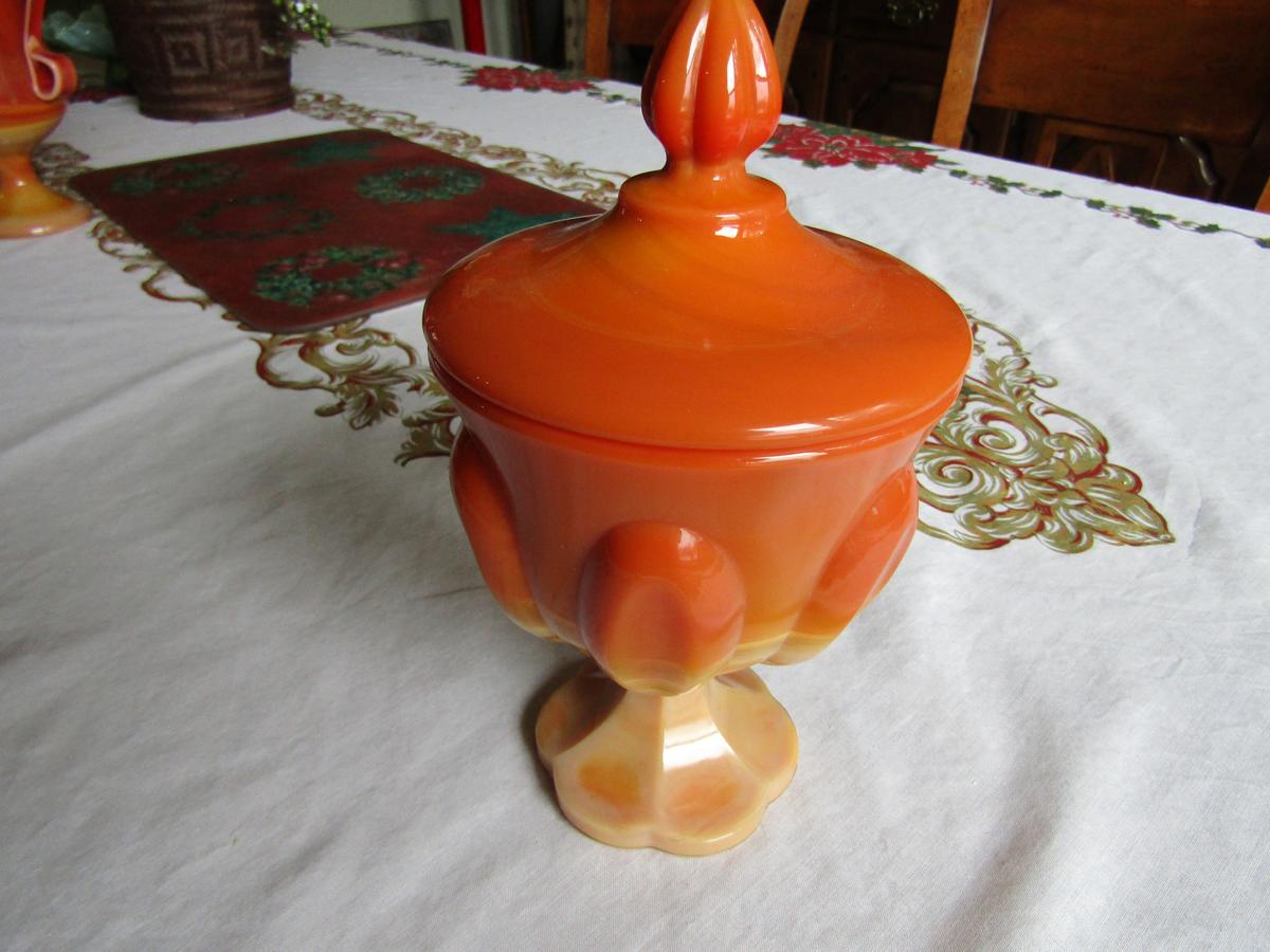 Vintage Orange Slag Glass Dish with Lid