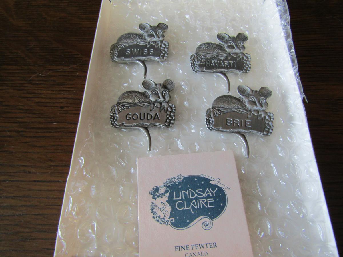 Lot of 4 Pewter Cheese Markers, Mouse with Cheese