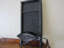 Lot of 2 Metal Wall Hanging Wheelbarrow and Washboard