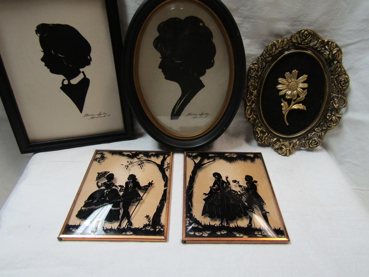 Lot of 5 Art, 2 Wallie Spatz, 2 Silhouette Painted Glass, 1 Metal Flower, signed