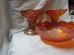 Lot of 3 Orange Carnival Glass and Orange Glass Bowl