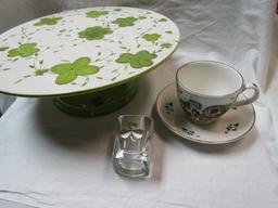 Shamrock Cake Stand, Glass, Cup and Saucer, Carrigaline Pottery Co. Ireland