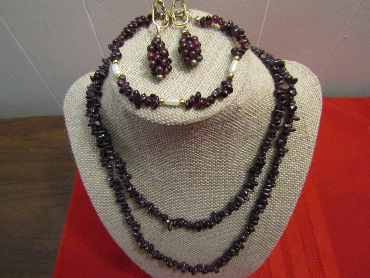 Vintage Set Pomegranate Natural Garnet Seed Necklace, Bracelet and Earrings