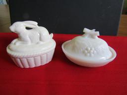 Lot of 2 Vintage Bunny on Basket and Milk Glass Trinket Dish