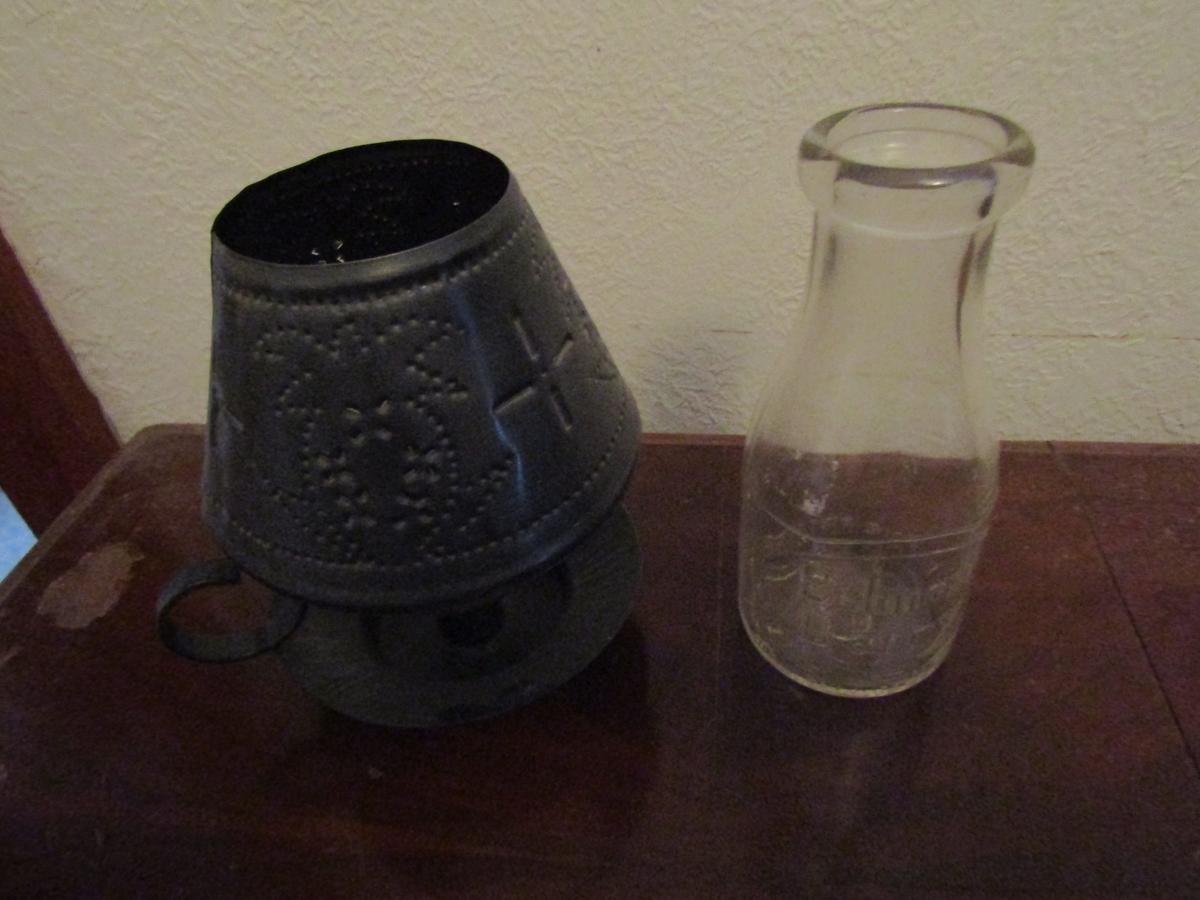 Vintage Metal Candle Holder and Belmont Dairy Bottle