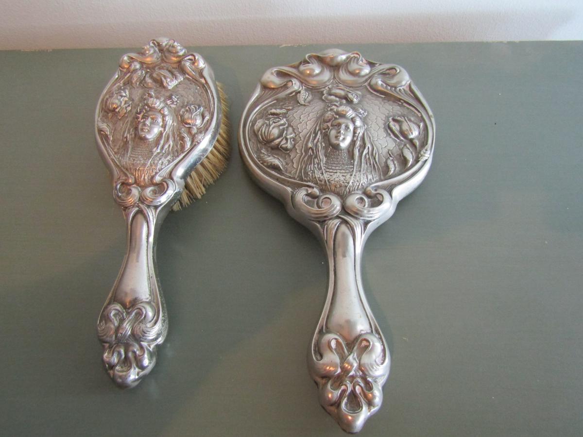 Art Nouveau Silveriron Brush and Mirror Set