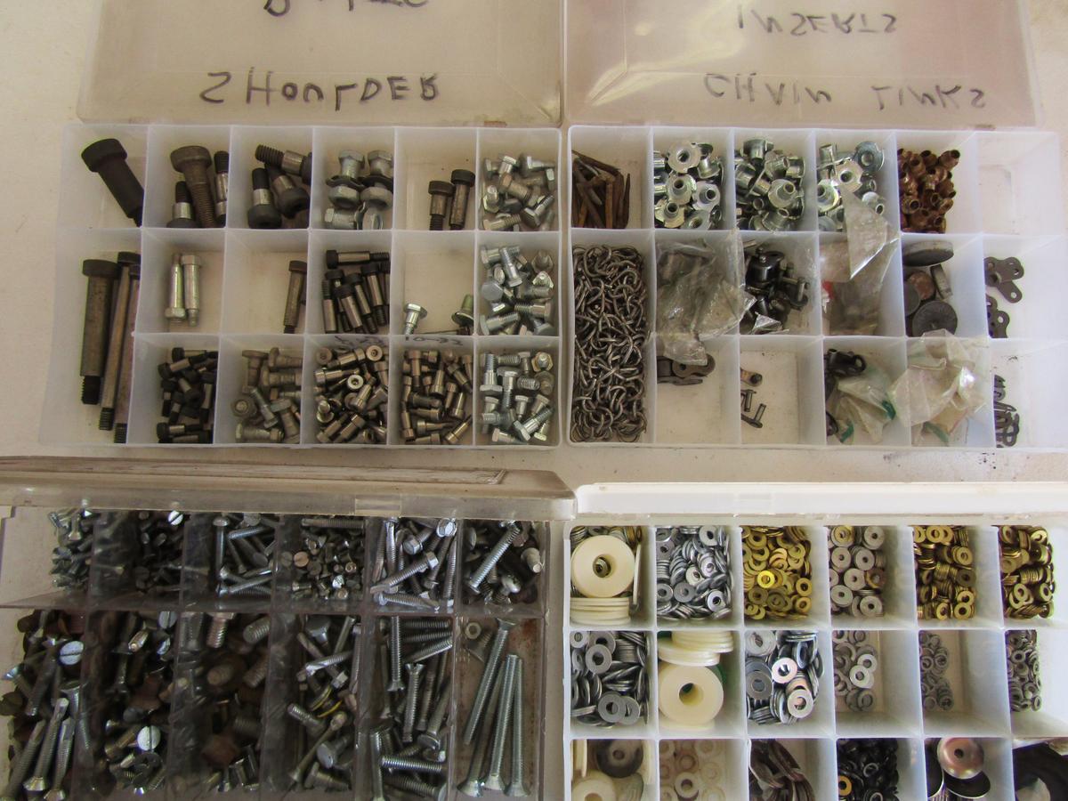 Lot of 4 Trays of Hardware, Shoulder Bolts, Chain Links, Washers, Flathead