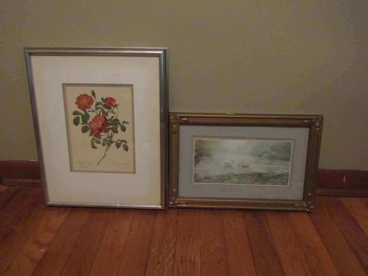 Lot of 2 Rosa Pumila Lithographic Floral signed and Swan Print unsigned