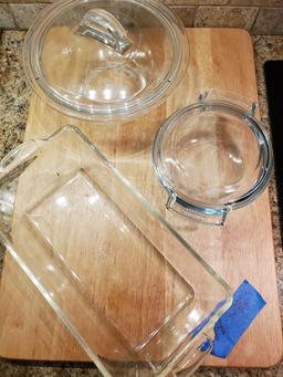 Lot of 4, Pyrex Dishware, 2 with Lids and Butcher Board
