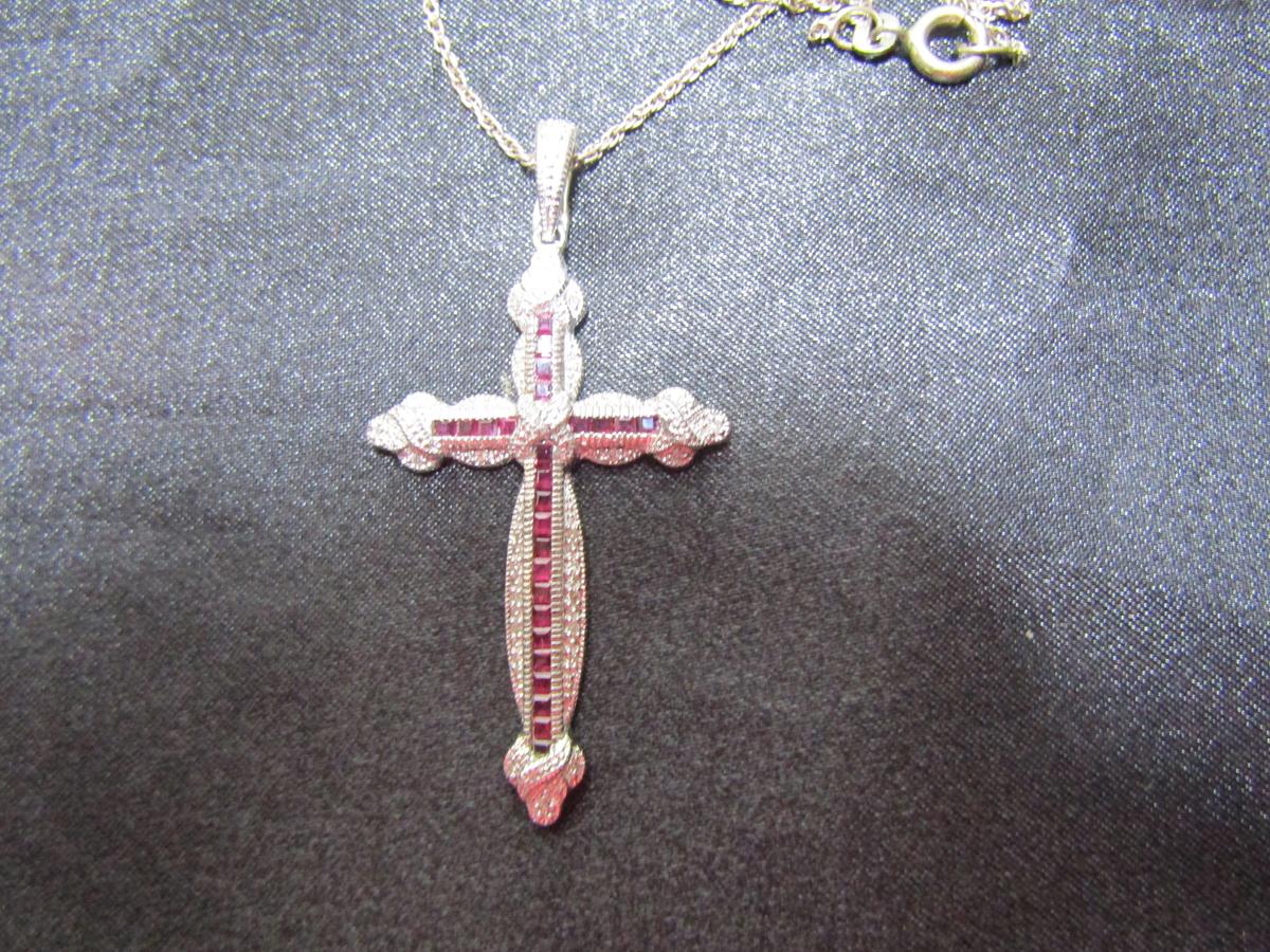Sterling Chain and Pendent, Cross with Red Stones