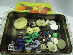 Vintage Sewing Basket, Tin, Buttons