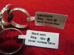 4 Rings, German Silver, Rose Quartz, Citrine, Black Onyx, Labradorite, Size 7 and 8