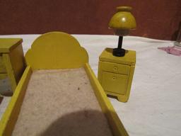 Vintage Yellow Wood Miniture Doll Furniture, Bedroom