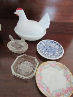 Goebel West Germany Monk Set, Hens, Salt Cellar, Mini Plate