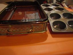 Vintage Pyrex Cassarole Dish with Holder and 2 Muffin Pans, 1-EKCO