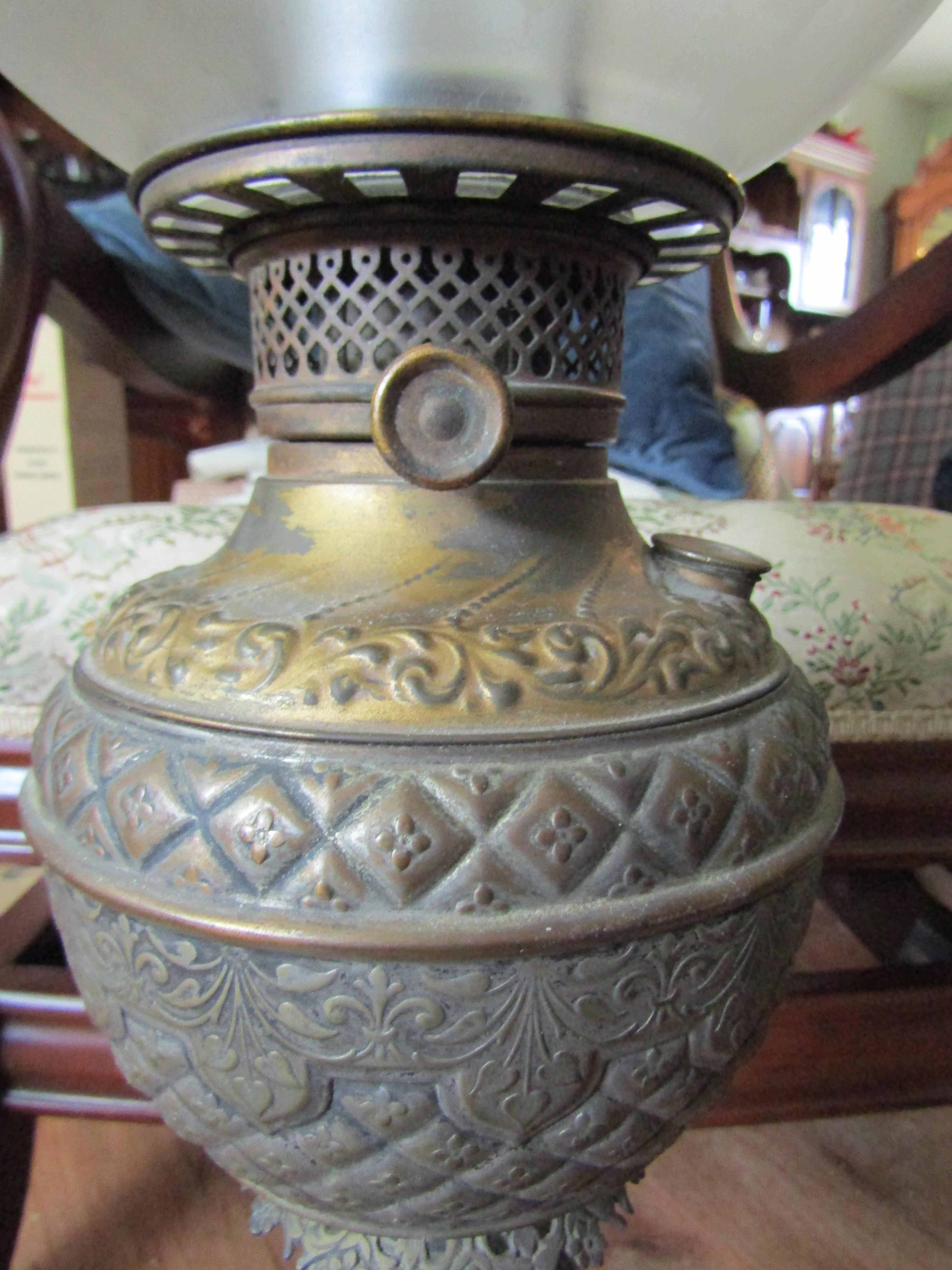 Antique Oil Lamp Ornate Metal with Fleur De Lis Etched Globe, Base 20" Tall