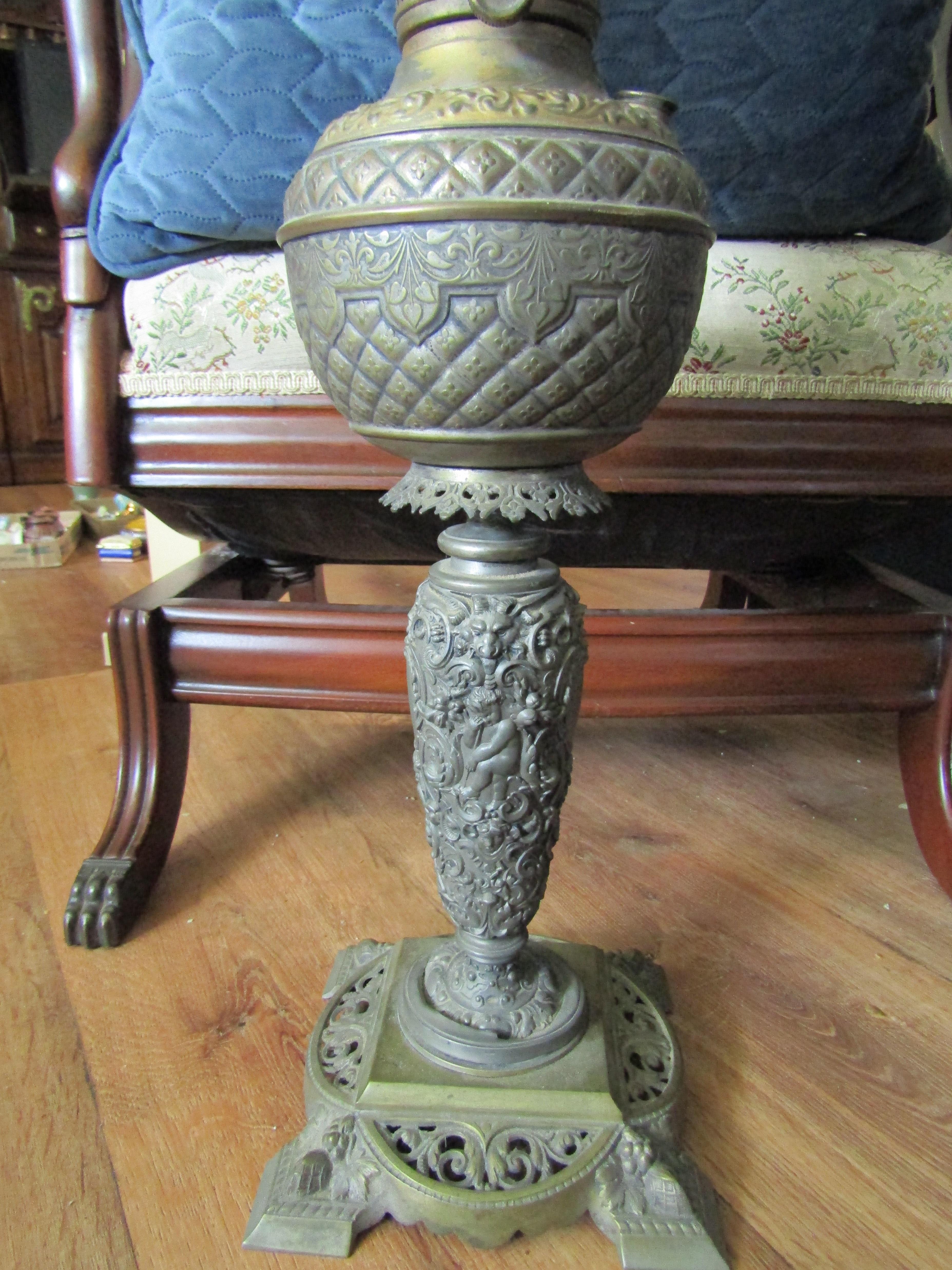 Antique Oil Lamp Ornate Metal with Fleur De Lis Etched Globe, Base 20" Tall