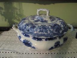 Wm. Adams and Sons, Fairy Villas Flow Blue Tureen/Covered Dish, No Damage or Repairs Noted