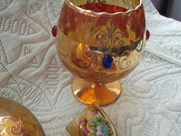 Bohemian DeCanter with 5 Shot Glasses and Jeweled Italy Stem Glass