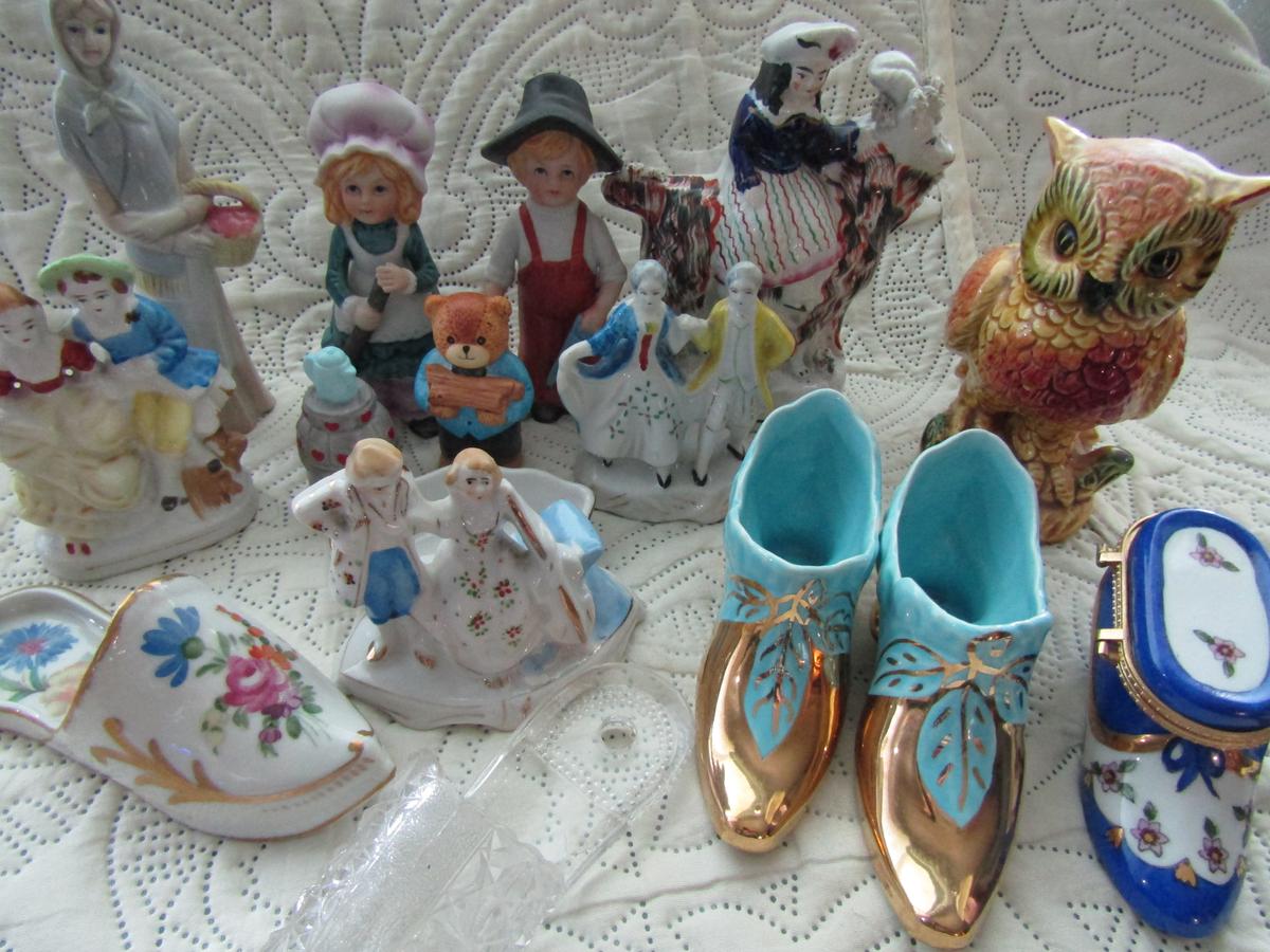 Variety of Vintage Figurines and Victorian Shoes