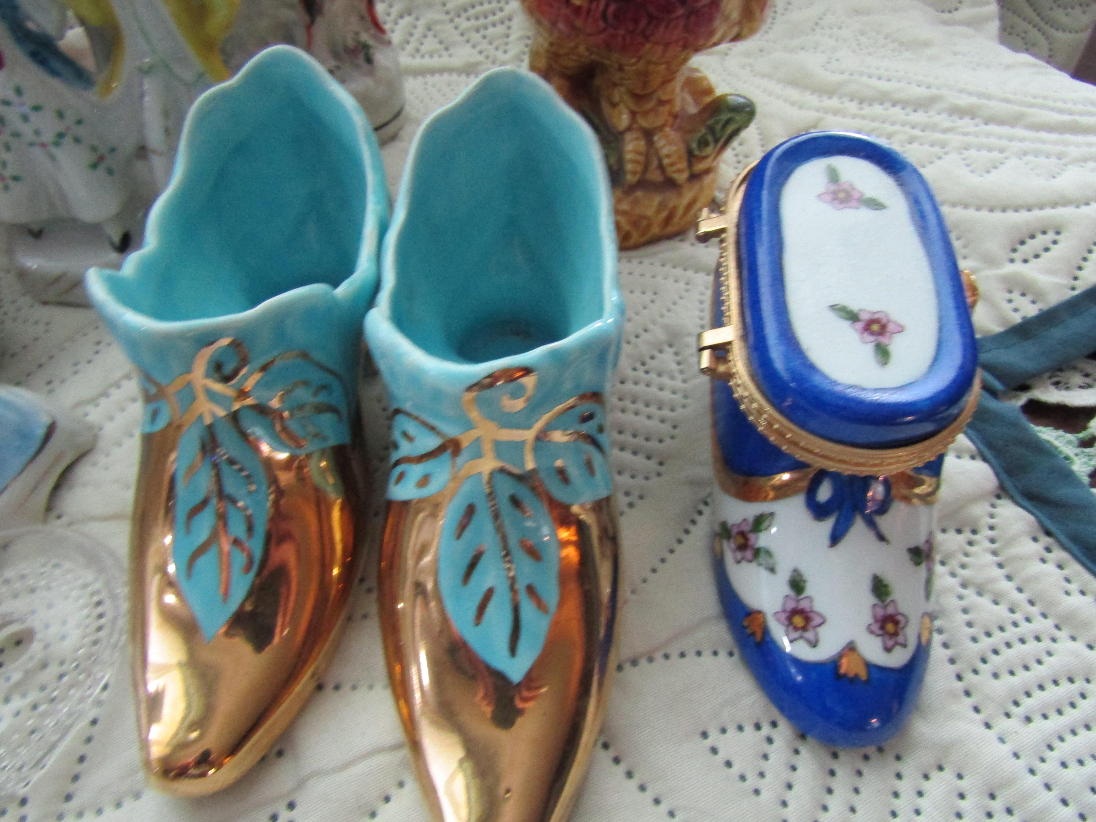 Variety of Vintage Figurines and Victorian Shoes