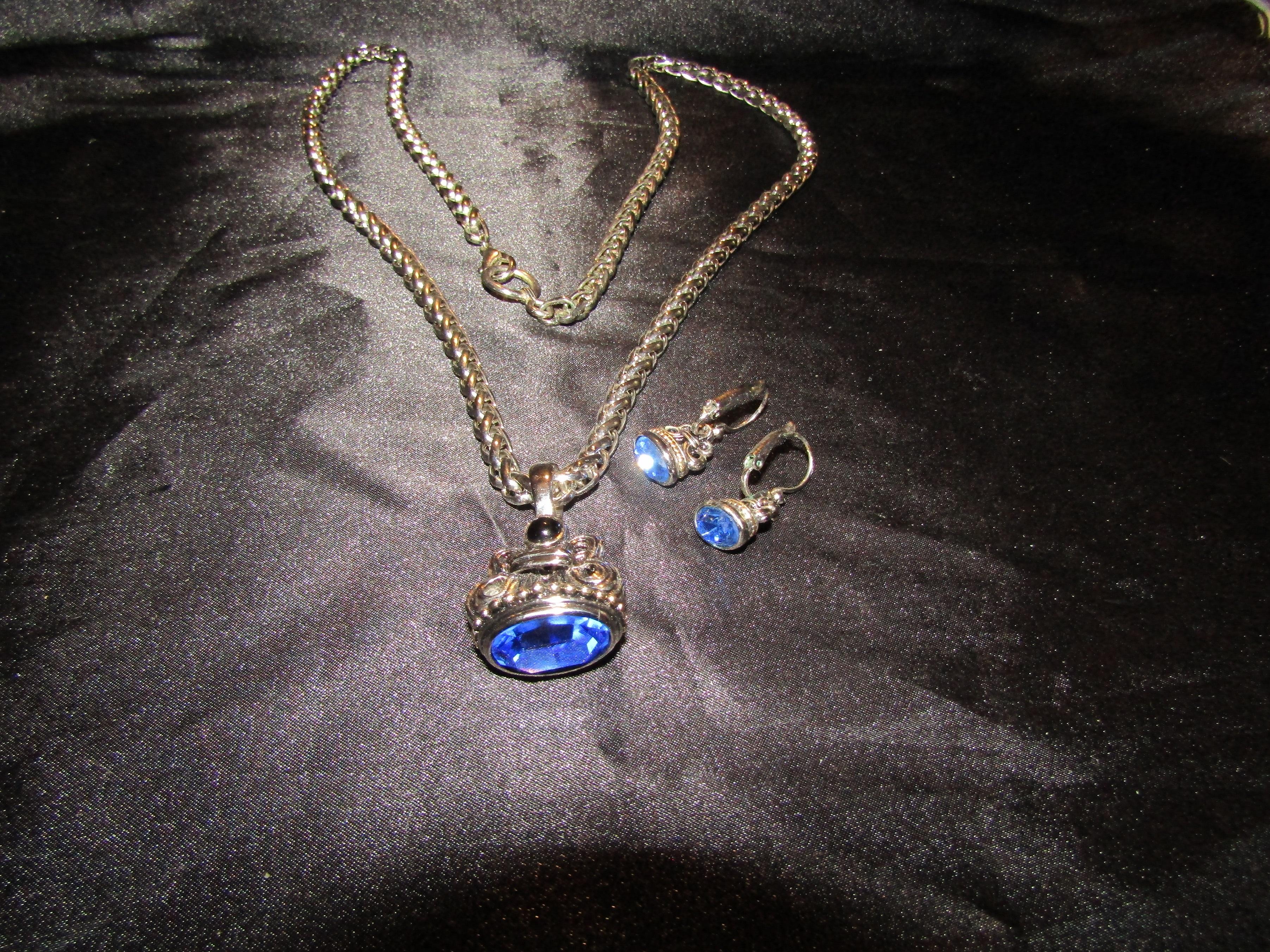 Vintage Large Blue Glass Cabochon Necklace and Earrings