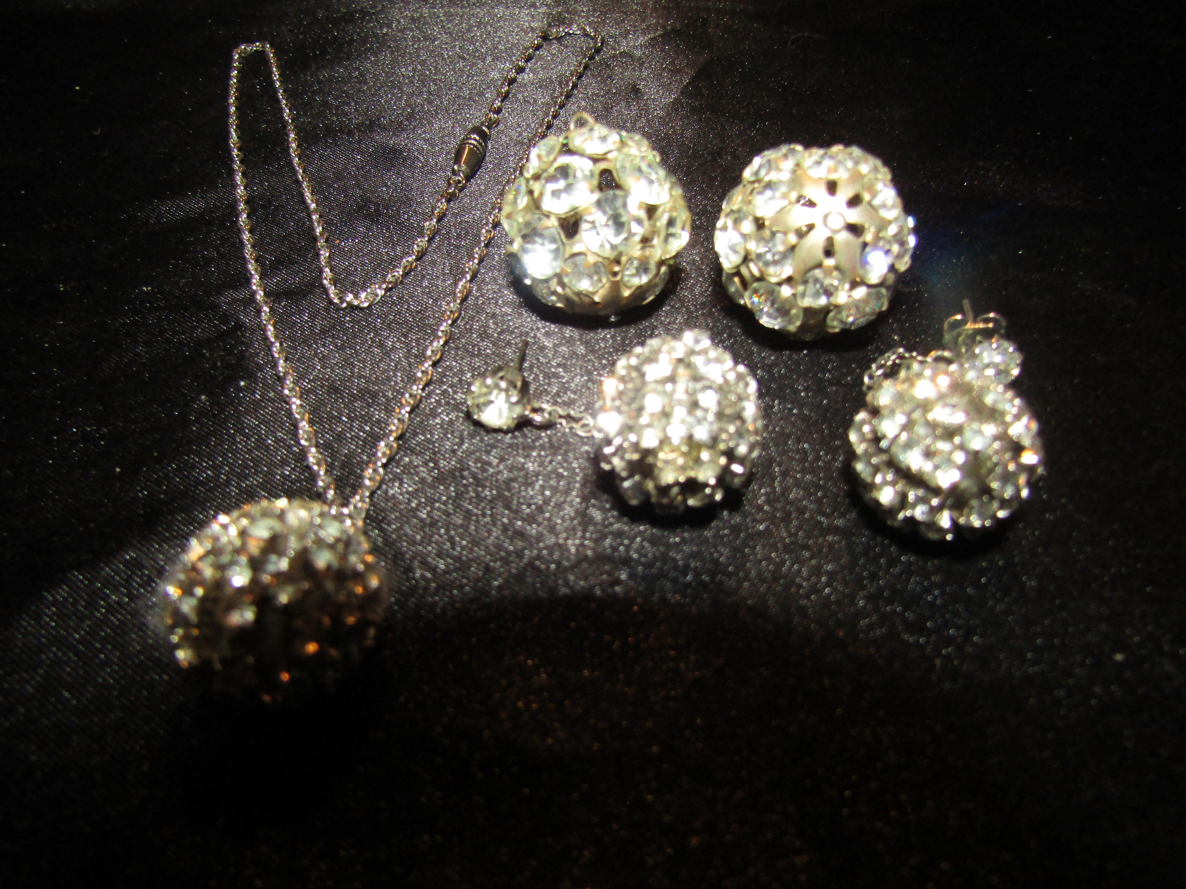 Rhinestone Ball Necklace and 2 Pairs of Earrings