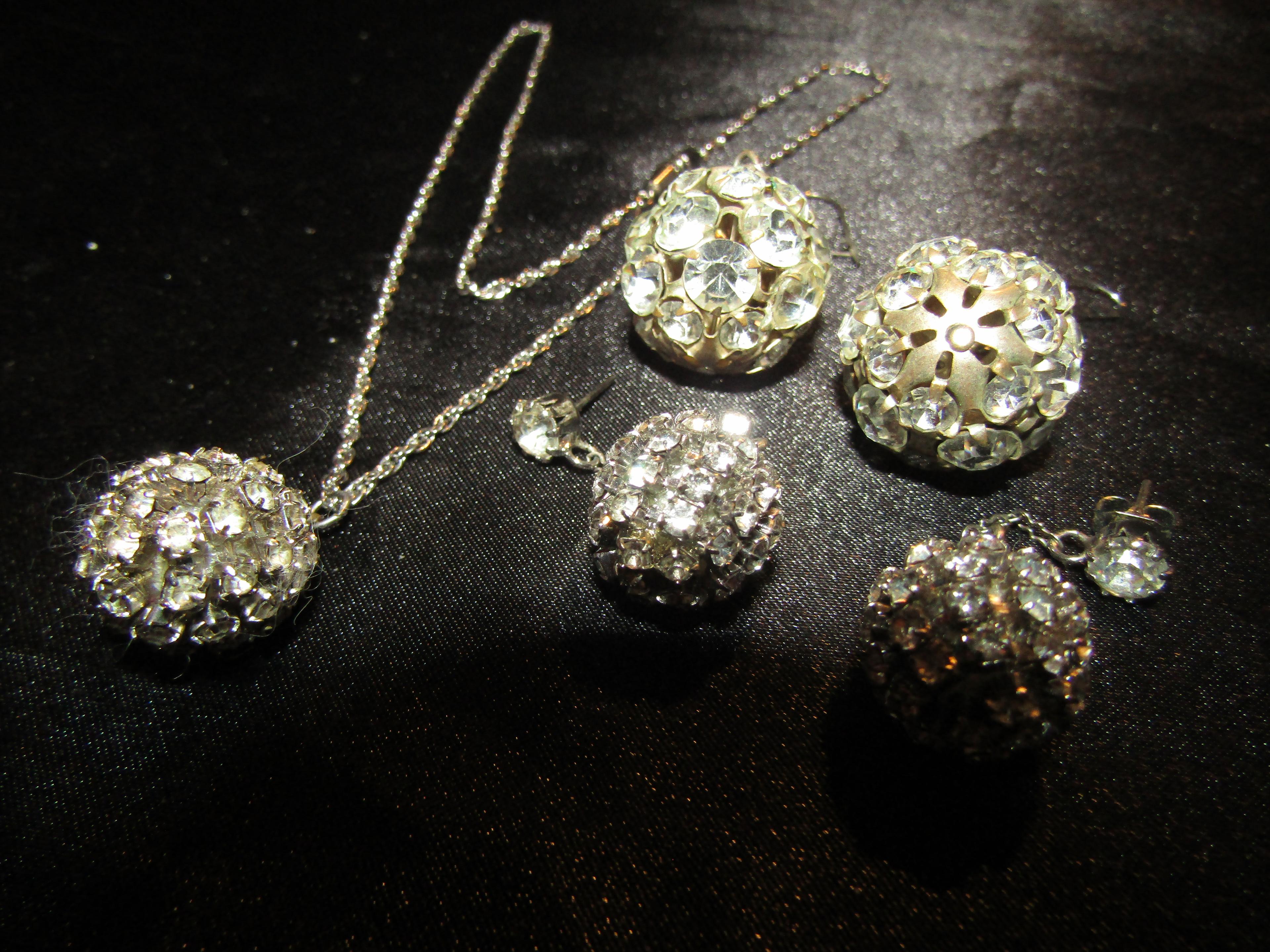 Rhinestone Ball Necklace and 2 Pairs of Earrings