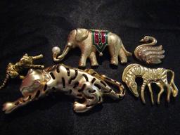 Lot of 5, Vintage Gold Tone Animal Brooch