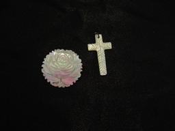 Mother of Pearl Rose Brooch and Cross Pendent