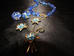 Vintage Crystal/Glass Blue Necklace Set and Vintage Brooch