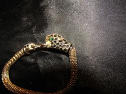 Vintage Jaguar/Panther Head Green Eye Mesh Stretch Bracelet