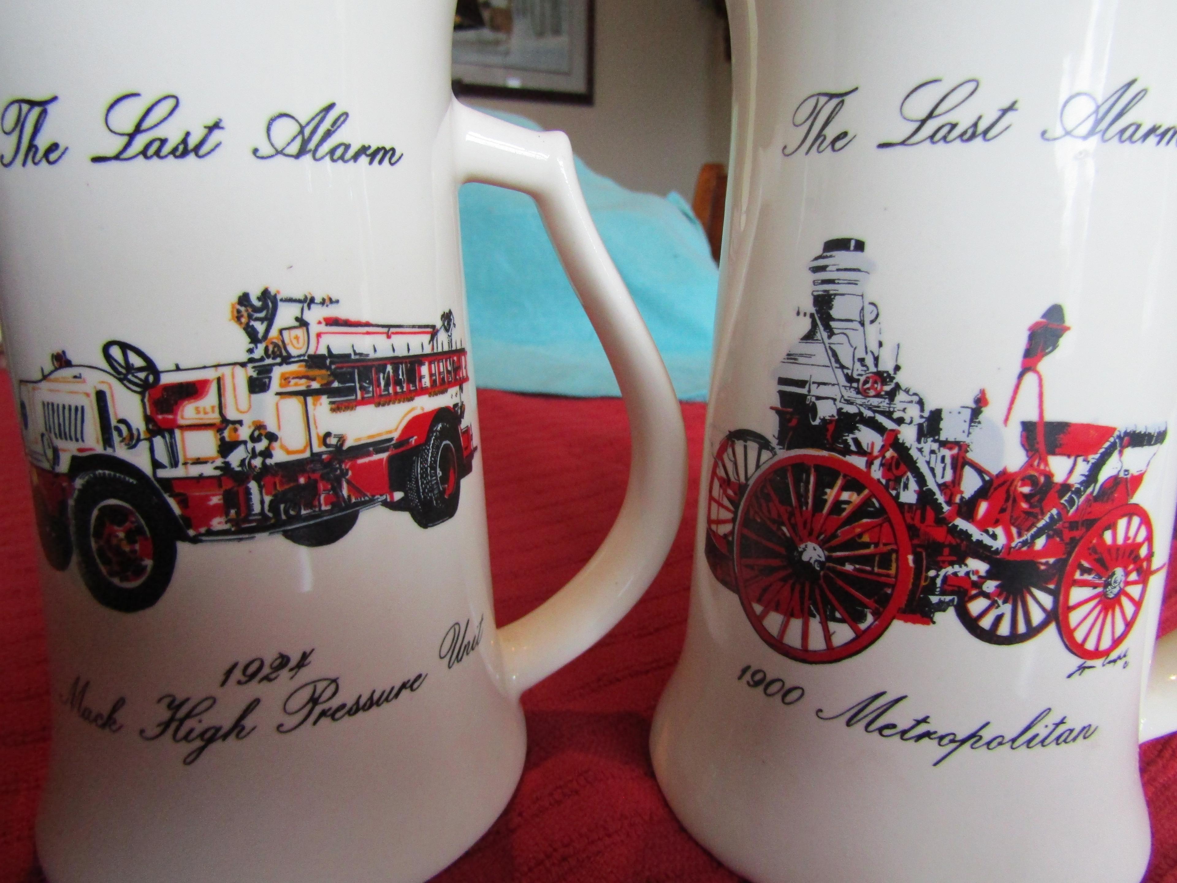 Lot of 2 Griffith Pottery House, Pa. The Last Album, 788, Gold Trim Steins, Fire Truck