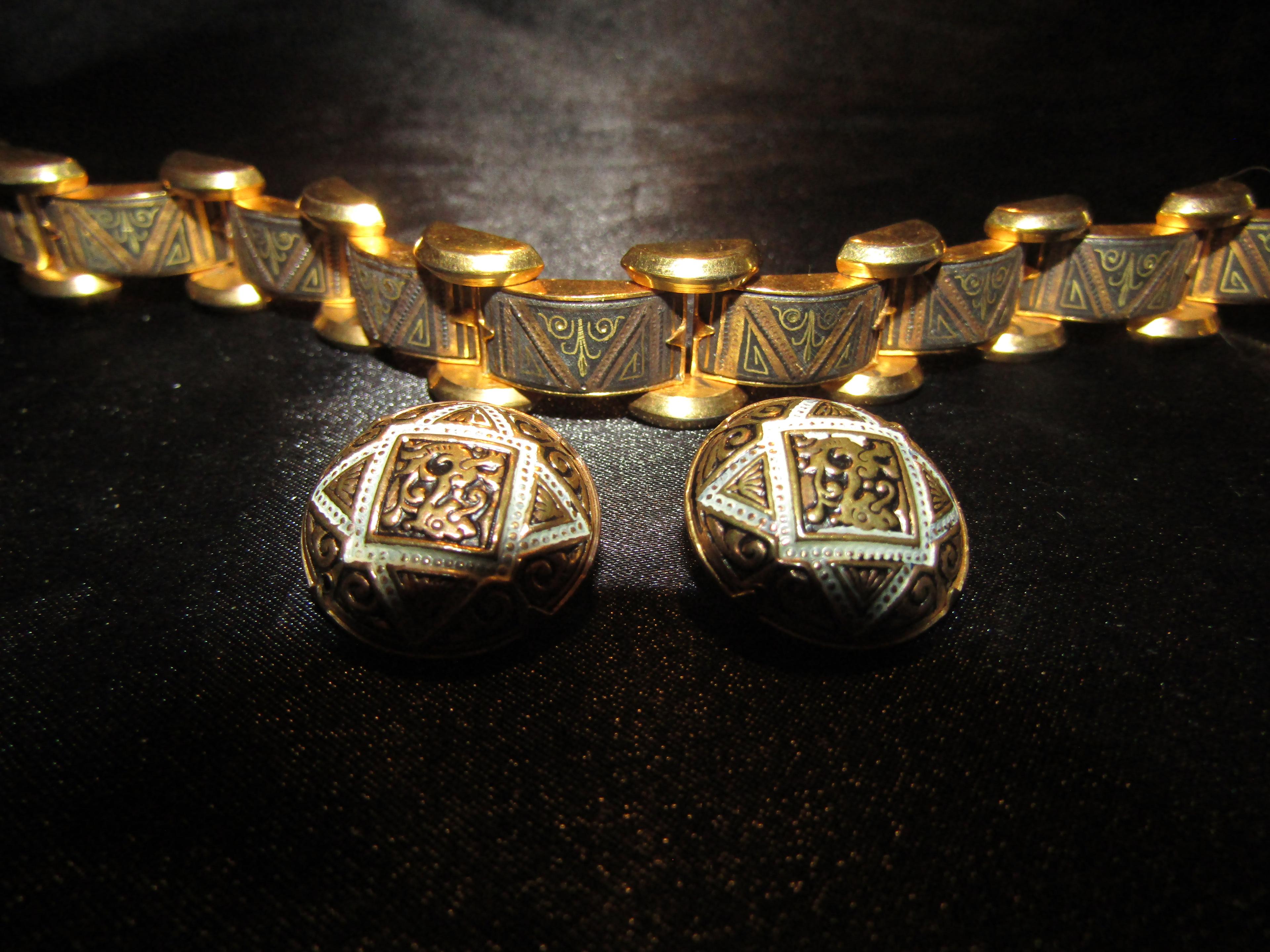 Vintage Damascene Brachlet and Clip Earrings