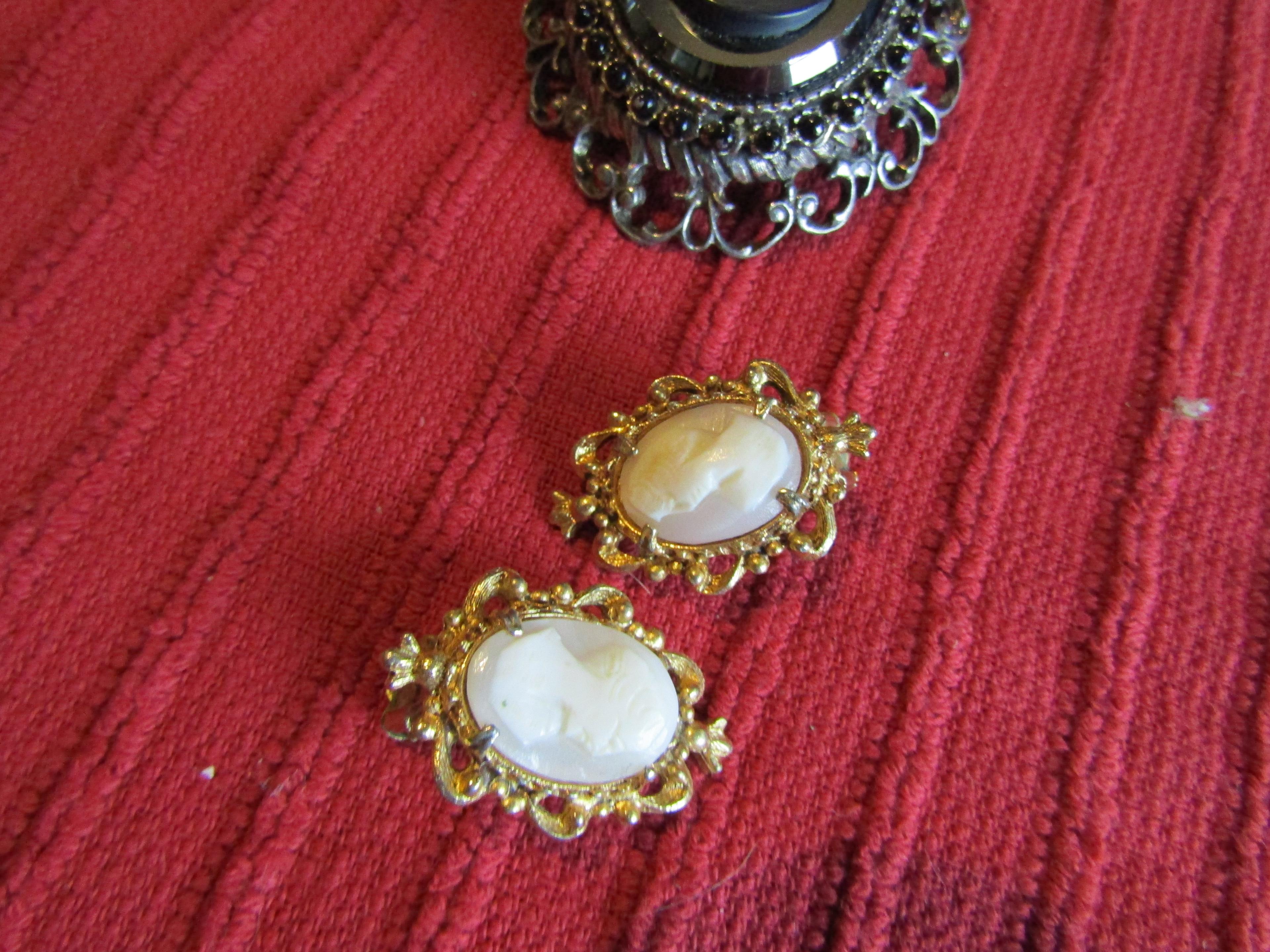 Florenza Cameo Earring and Large Black Glass Cameo Collar/Brooch