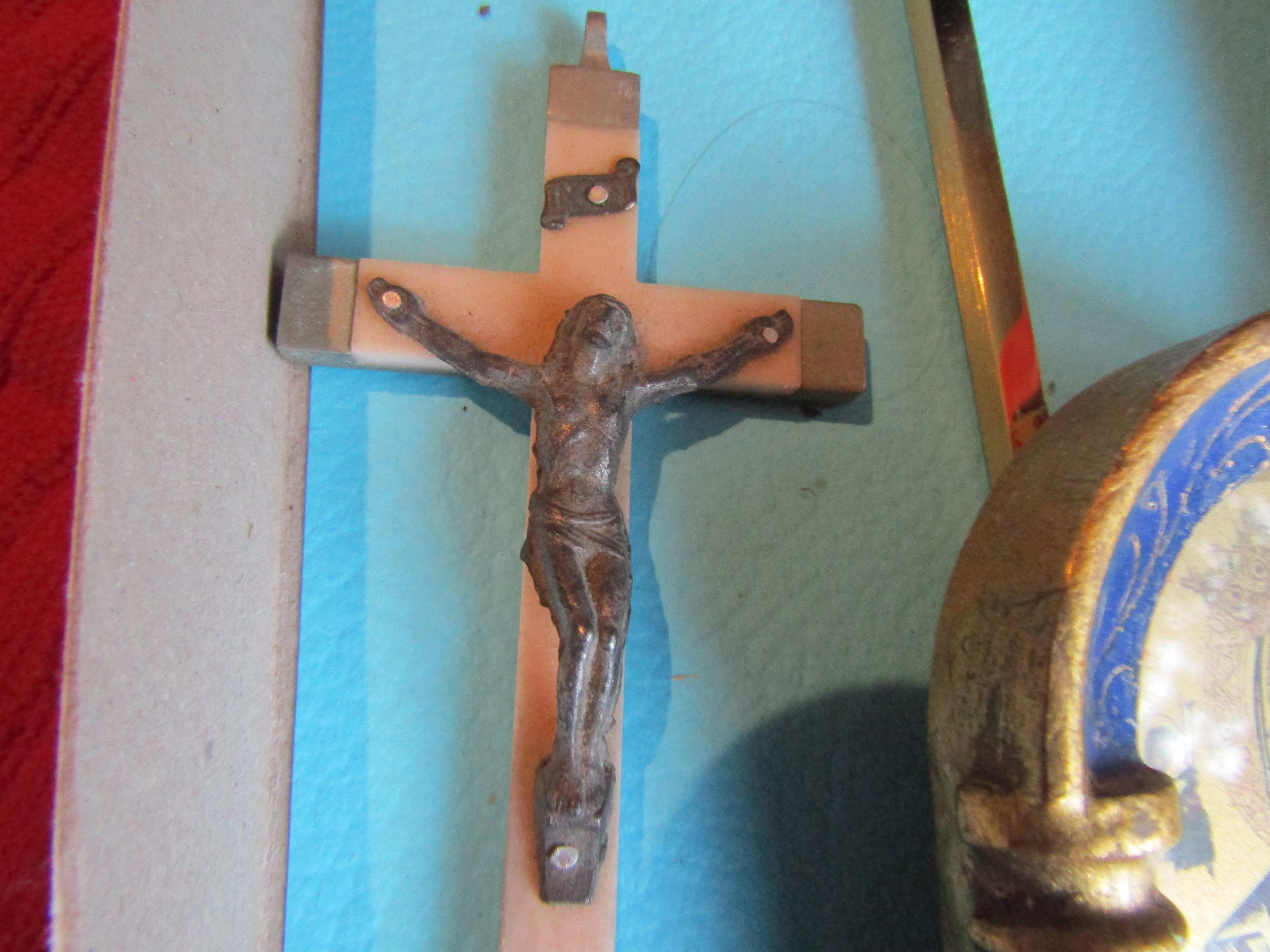 Vintage Religion Roman Picture, Italy Cross, Brass Cross