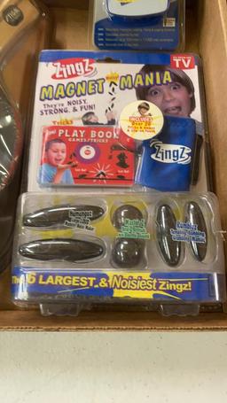 Box of ping pong balls & paddles,Zingz magnets &