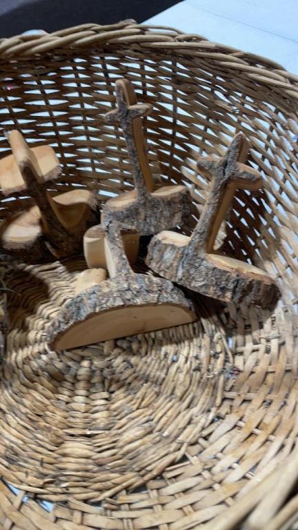 Wicker basket & hand carved crosses